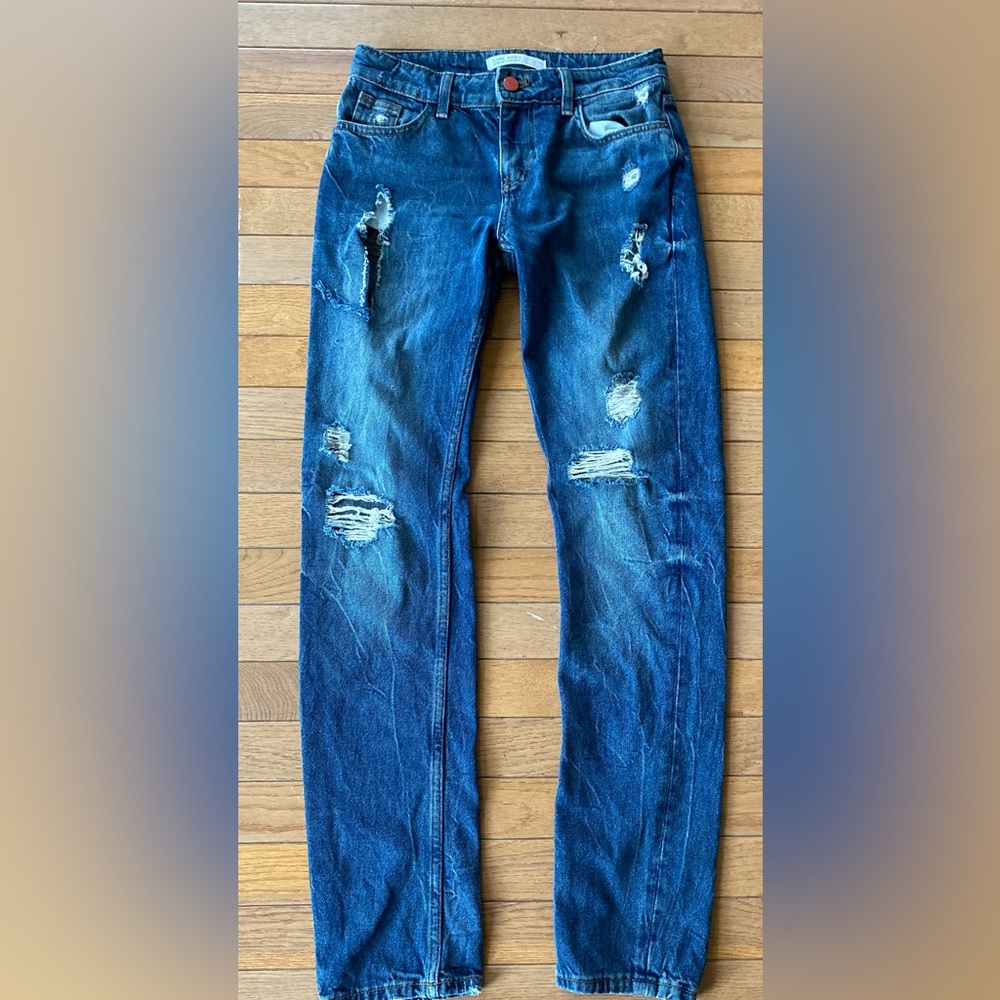 Euc Zara Basic Denim Red Button Distressed Jeans - image 1